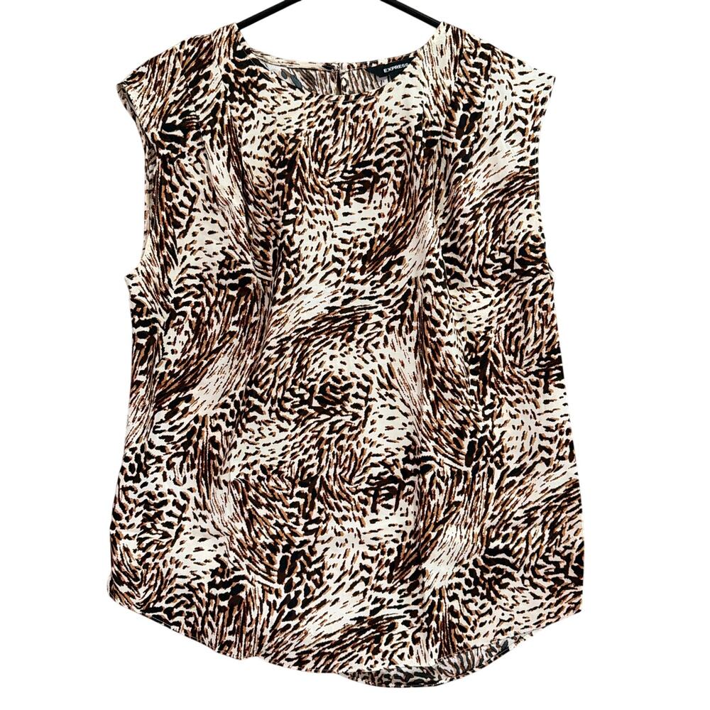 Express Womens Blouse Brown Tan Animal Print Round Neck Cap Sleeve Stretch Small